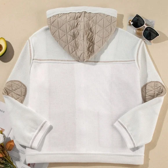 Beige Quilted Textured Patchwork Loose Fit Hooded Jacket - Picture 7 of 8